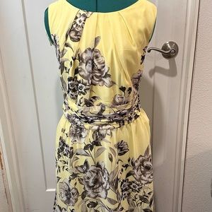 NWT CJ Banks Yellow with black floral Chiffon Tea length Semi Formal Dress